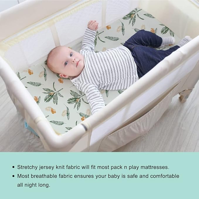 BROLEX 2 Pack Mini Crib Sheets, Stretchy Portable Fitted Playard Sheet Set, Convertible Playard Mattress Cover, Ultra Soft Breathable Material, Giraffe Leaf