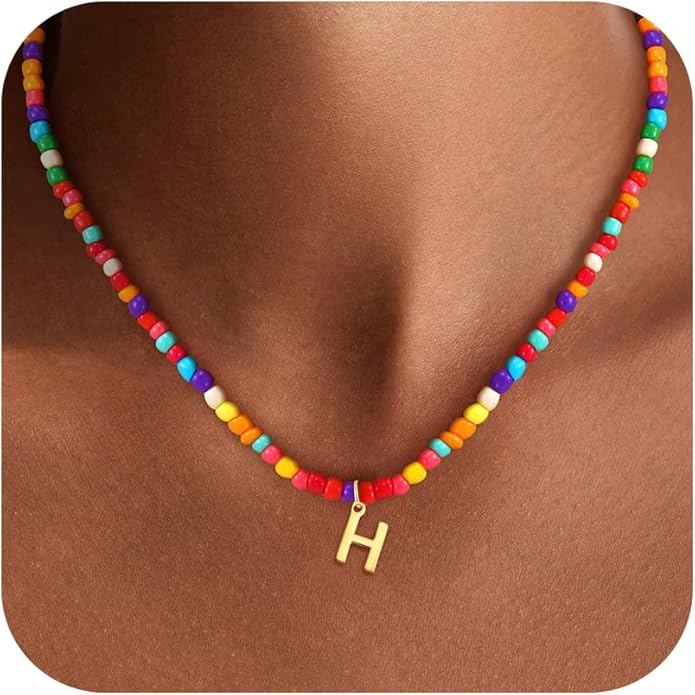 Colorful Initial Necklaces for Girls Kids Women, Cute Beaded Initial Necklace Teen Girl Gifts Trendy Stuff, Bohemian Letter Necklace Birthday Gifts for Women Girls Jewelry