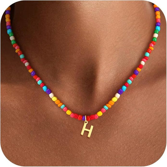 Colorful Initial Necklaces for Girls Kids Women, Cute Beaded Initial Necklace Teen Girl Gifts Trendy Stuff, Bohemian Letter Necklace Birthday Gifts for Women Girls Jewelry