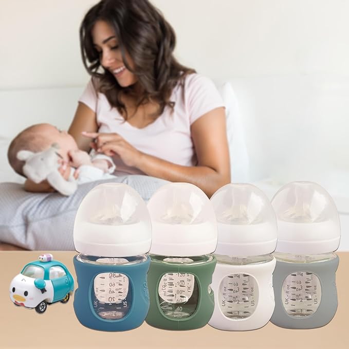 4 Pack Silicone Sleeves for Avent Natural Glass Baby Bottles, Anti Breakage Bottle Holder, Compatible with Philips Avent Glass Natural Baby Bottles (Blue+Gray+Green+White, 4 OZ)