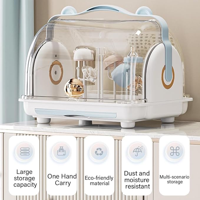 Transparent Baby Bottle Drying Rack with Double Lid and Removable Drain Tray Dust-Proof Baby Bottle Storage Box, Space Saving Baby Bottle Rack Dryer (Blue - Large)