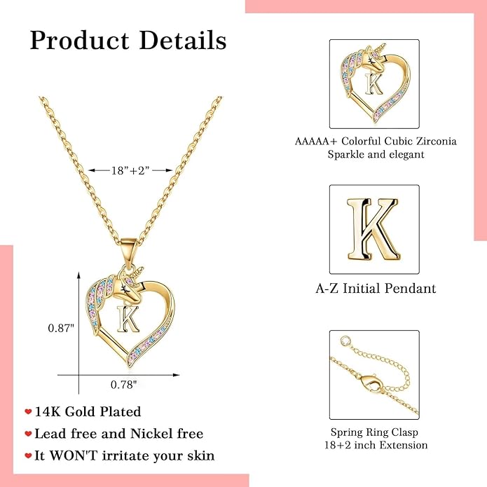 Hidepoo Unicorn Necklace Gifts for Girls - 14K-Gold-Plated Colorful CZ Heart Necklace Girls Jewelry Initial Unicorn Necklaces for Girl Birthday Gifts