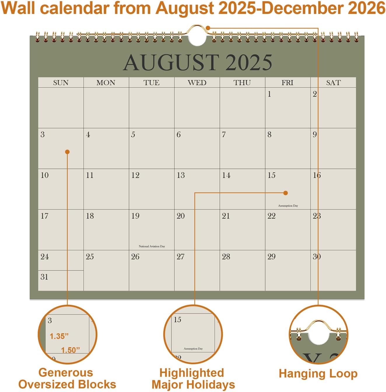 Calendar 2025-2026, Wall Calendar 2025-2026 from August 2025 - December 2026, 17 Months Calendar with Premium Paper, Twin-Wire Binding & Hanging Hook, 8.5" x 11", Green