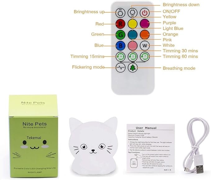 Night Light for Kids, Bedside Lamp for Children, Baby Nursery Lamp for Breastfeeding Safe, Break Resistant, Eye Caring, Adjustable Brightness & Color, Touch Control, Child Gift/Bedroom - Cat