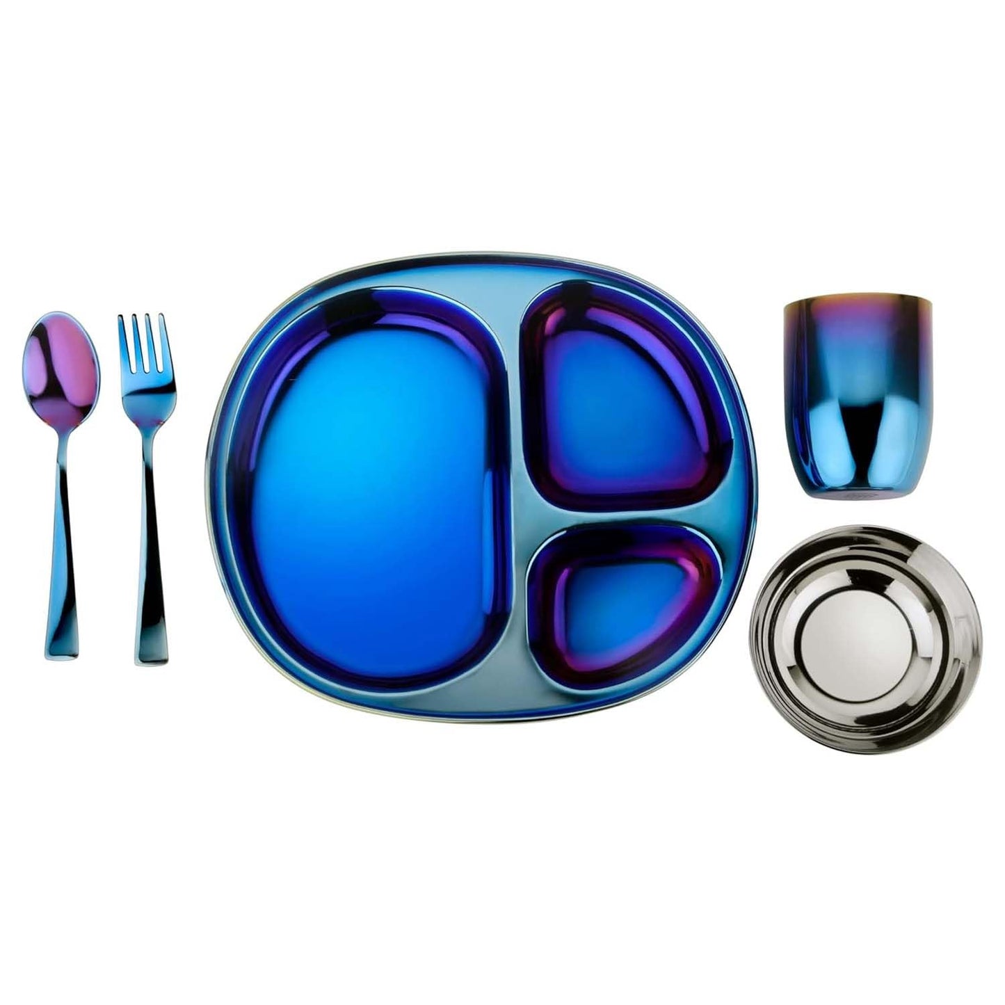 Ahimsa Stainless Steel Kids Dinnerware Set - 5 Piece Stainless Steel Toddler Plates and Bowls Set, Pediatrician Designed, Plastic Free Toddler Plate and Bowl, Kids Utensils and Cup (Blue)