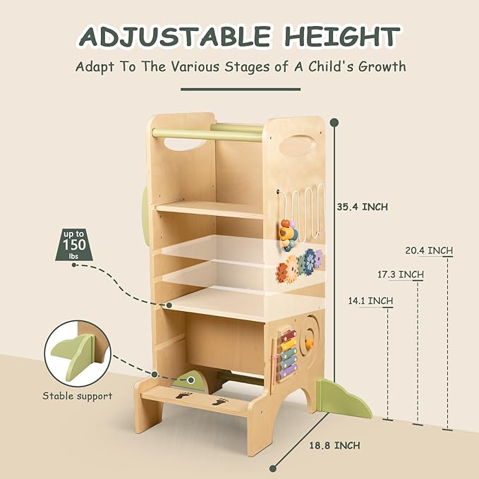 Wooden Toddler Tower Adjustable Height Step Stool, Toddler Kitchen Stool Helper with 8 Fun Learning Activities (Chalkboard, Slide, Bead Maze, Xylophone)