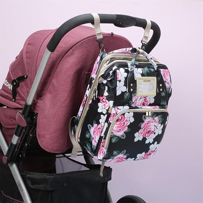 Diaper Bag Backpack Waterproof Baby Bag Large Capacity Multifunction Nappy Bags Floral Insulated Durable Travel Maternity Back Pack with Changing Station for Baby （Black）