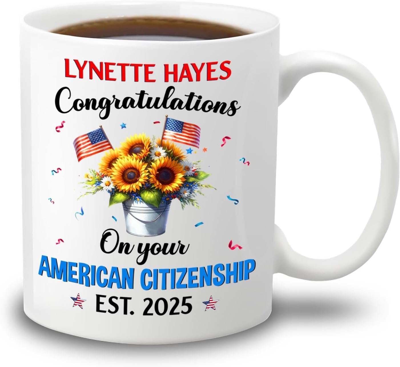 Congratulations On Your American Citizenship Coffee Mug, Custom Year/Name Sunflower & USA Flag Cup Gift For New US Citizen, Citizenship Celebration Coffee Cup 11 15Oz, Personalized US Citizen Mug