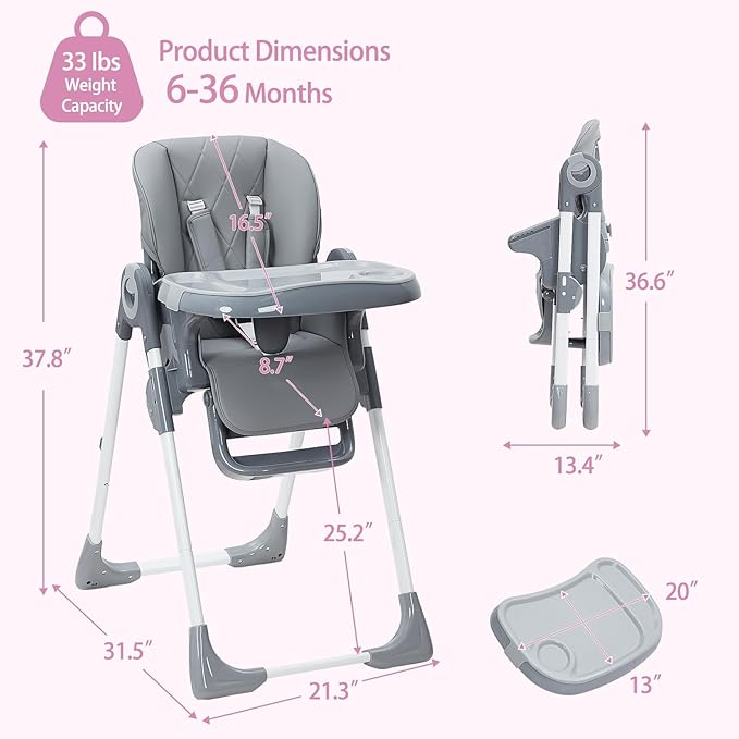 GAOMON Baby High Chair, Multifunctional Infant Highchairs with Adjustable Height and Recline, Foldable High Chair for Babies & Toddlers, High Chair with Removable Tray Easy Clean (Dark Gray)