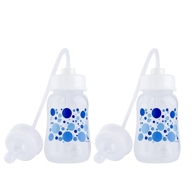 Hands-Free Baby Bottle - Anti-Colic Nursing System 4 oz Baby Bottle with Fast Flow Nipple/Teat 3m+ Infant with Tube Straw Feeding System for Toddler (2 Bottles - Blue)