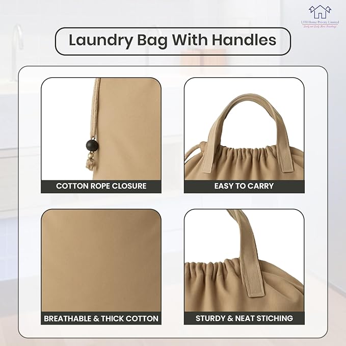 LFH Home Cotton Canvas Large Laundry Bag with Handle, Heavy Duty Drawstring Closure Washable Laundry Bags, School Travel, Home, Hotel, College Dorm, Organizer Sack, Toys Clothes 20x30-Beige