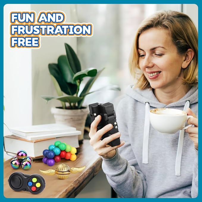 Dilabnba 9PCS Fidget Toys Bulk for Adults Teens, Cool Gadgets Office Desk Toy, Fidget Spinner Cube Pad Rainbow Sensory Ball Magnetic Stones, Goody Bag Fillers Birthday Gifts