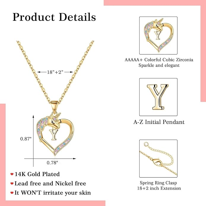 Hidepoo Unicorn Necklace Gifts for Girls - 14K-Gold-Plated Colorful CZ Heart Necklace Girls Jewelry Initial Unicorn Necklaces for Girl Birthday Gifts