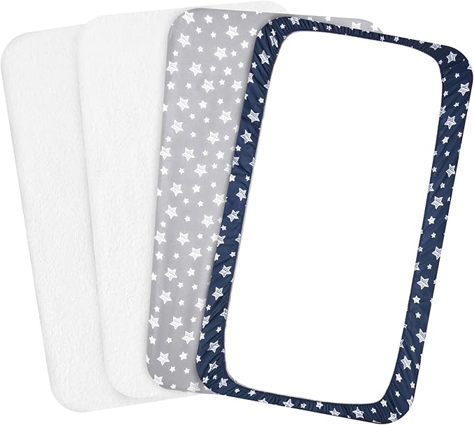 Pack and Play Sheets & Waterproof Terry Pack N Play Mattress Protector Pad Cover 4 Pack, Viscose Terry Pack N Play Sheets Set, Grey & Navy