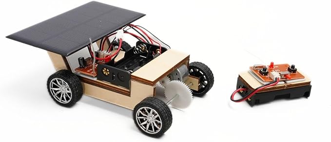 Solar-Powered Car V1, Wooden STEM Kit with Wireless Remote Control for Boys and Girls, Hybrid Powered by Solar Power and Batteries, Educational Motor Toy Gift for Kids Aged 8-12