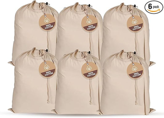 LFH Home Large Premium 100% Cotton Canvas Laundry Bag with Drawstring and Handles Heavy Duty, Multi-Use, and Washable for Home, Travel, College or Storage 28x36 (Pack of 6)-Natural