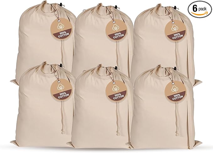 LFH Home Large Premium 100% Cotton Canvas Laundry Bag with Drawstring and Handles Heavy Duty, Multi-Use, and Washable for Home, Travel, College or Storage 24x36 (Pack of 6)-Natural