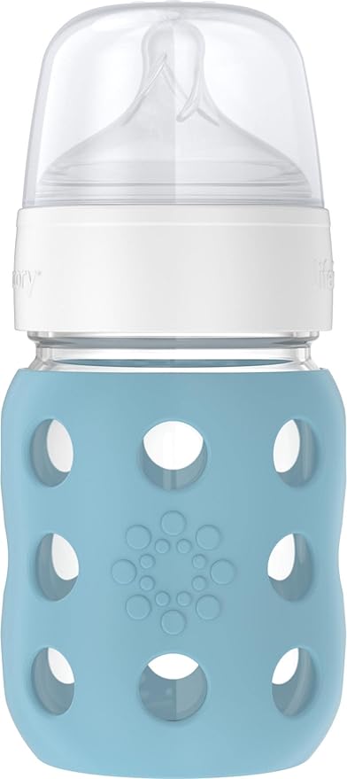 Lifefactory 8-Ounce Wide Neck Glass Baby Bottle with Protective Silicone Sleeve and Stage 2 Nipple, Denim (LG2211WDE4)