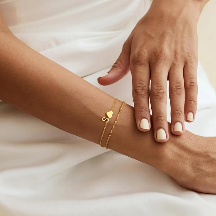 M MOOHAM Initial Heart Bracelets for Women - Layered Dainty 14K-Gold-Plated Heart Letter A-Z Charm Bracelets for Women, Chain Link Charm Bracelets Beaded Bracelets Birthday Gifts Womens Jewelry