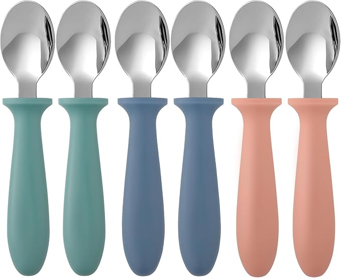 Pimoys 6-Pack Stainless Steel Toddler Spoons Baby & Kids Utensils for Self-Feeding Plastic Handle Dishwasher Safe