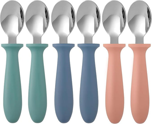 Pimoys 6-Pack Stainless Steel Toddler Spoons Baby & Kids Utensils for Self-Feeding Plastic Handle Dishwasher Safe