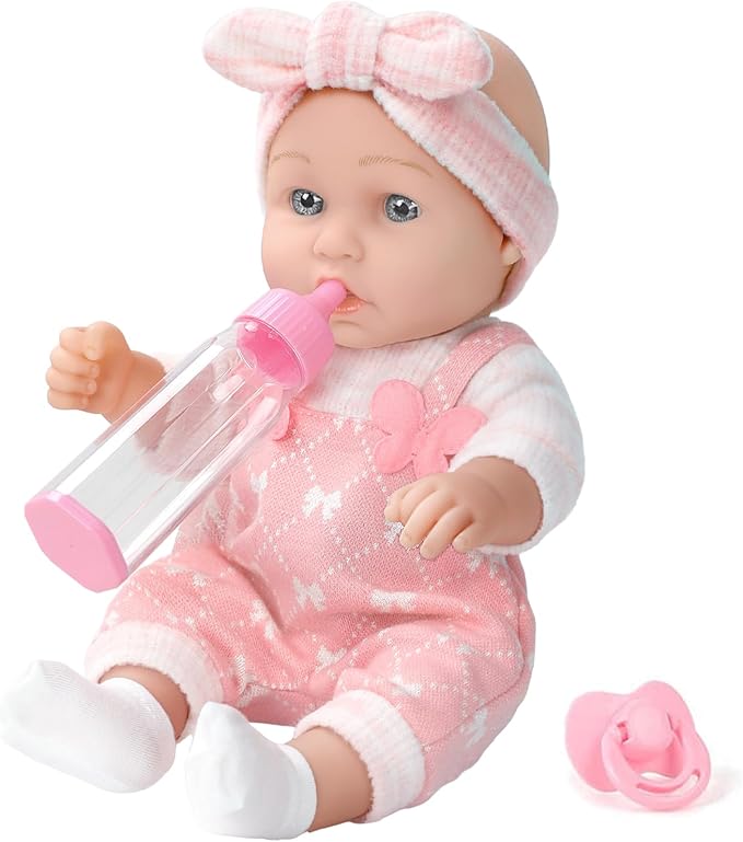 12" Baby Doll with Clothes and Accessories Set in Gift Box,12 Inch Baby Care Game Playset with Pacifier Feeding Bottle First Baby Dolls Toy Stuff Gift Idea for Toddler Girl Age 3+