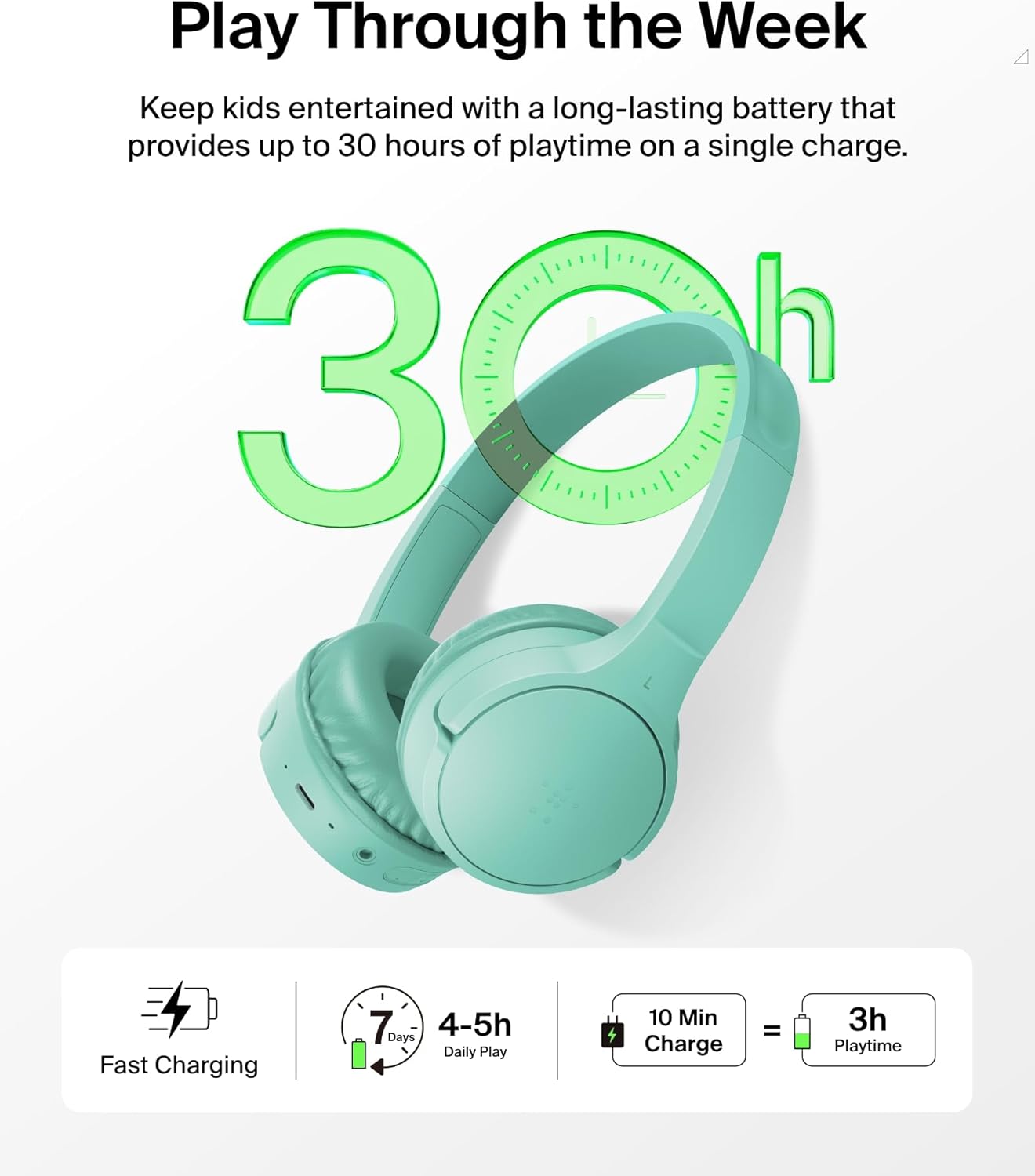 Belkin SoundForm Mini - Wireless Bluetooth Headphones for Kids with 30H Battery Life, 85dB Safe Volume Limit, Built-in Microphone - Kids On-Ear Earphones for iPhone, iPad, Fire Tablet & More - Mint