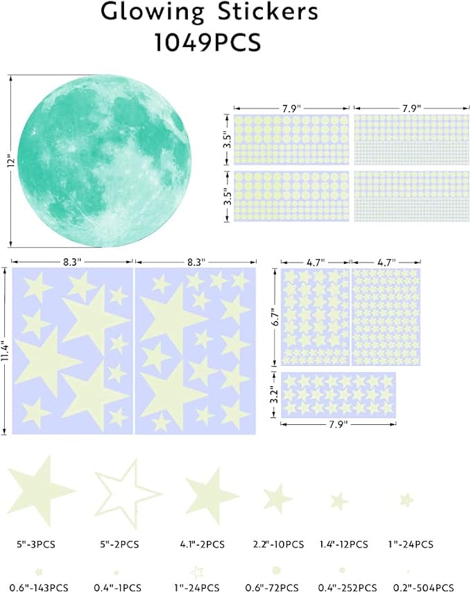 1049Pcs Glow in The Dark Stars and Moon for Ceiling, Wall Bedroom Chirldren's Room Stickers Decals Decor, Boys & Girls' Gifts