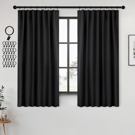 ANRODUO Back Tab Blackout Curtains for Bedroom Living Room, Rod Pocket Pinch Pleated Thermal Insulated Room Darkening Curtains 72 Inches Long 2 Panels, Black, 42 x 72 Inch