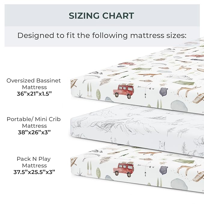 Pobibaby - 2 Pack Premium Pack N Play Sheets Fitted for Standard Pack and Plays and Mini Cribs - Ultra-Soft Cotton Blend, Stylish Woodland Pattern, Safe and Snug for Baby (Explore)