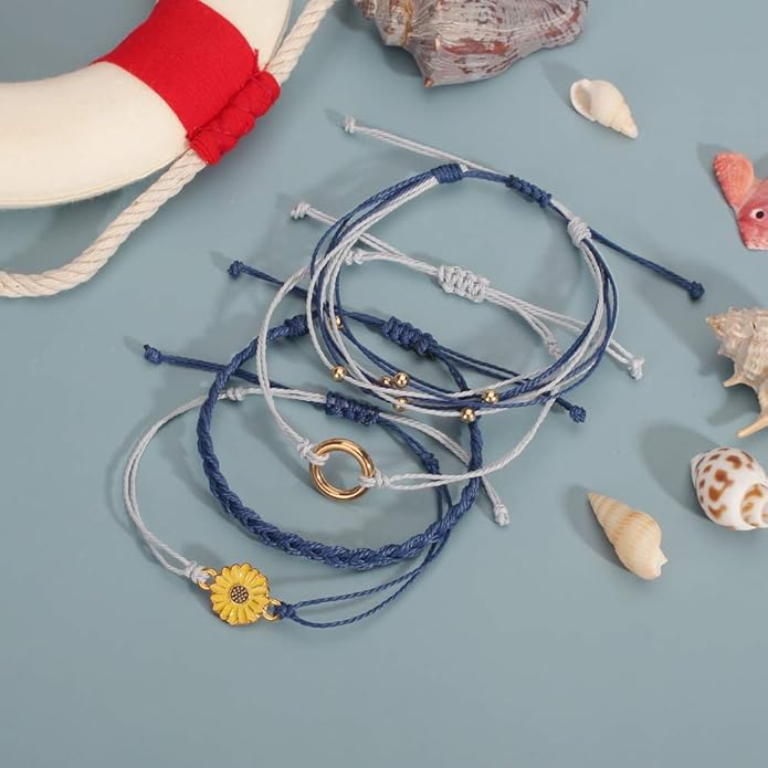 FANCY SHINY Sunflower String Bracelet Boho Braided Rope Wrap Bracelets Cute Summer Beach Surfer Jewelry for Women Christmas Gifts