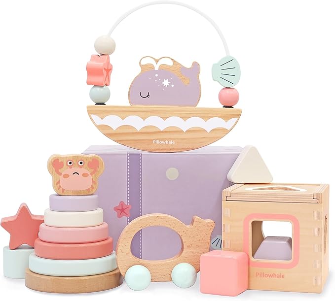 Sensory & Educational Wooden Toy Set for Toddlers 1-3 Years Old - Stacking Rings, Shape Sorter, Push Car, Bead Maze for Boys & Girl