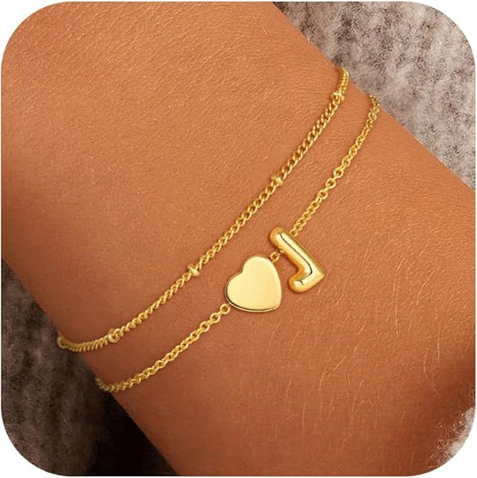 Heart Initial Bracelets for Women Girls - 18K Gold Plated A-Z Initial Bracelet Dainty Gold Bracelets for Women Teen Girl Gifts Trendy Stuff