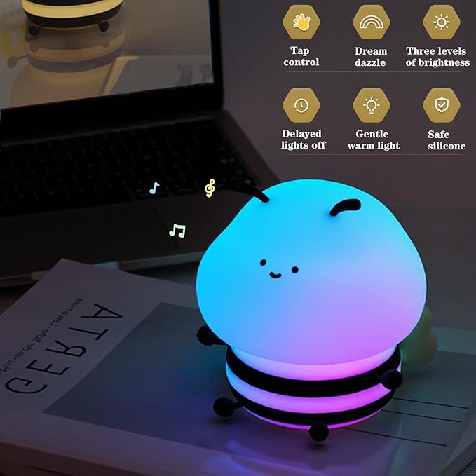Cute Bee Kids Night Light, LED Squishy Night Lamp, Dimmable Nursery Nightlight for Kids, Rechargeable Timer Touch Lamp, Dorm Decor, Funny Gifts (Bee)