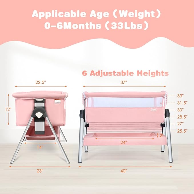INFANS Baby Bassinet Bedside Crib, Newborn Sleeper w/Large Storage Basket, Adjustable Heights, Detachable &Washable Mattress, Breathable Mesh, Straps, Easy Moving Bed Side (Pink)