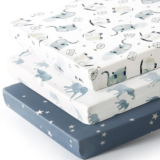 GRSSDER Pack n Play Sheets Fitted 3 Pack, Stretchy Ultra Soft Jersey Knit Pack and Play Sheets, Universal Fitted Portable/Mini Crib Mattresses Snug and Safe, Cute Elephant Print for Boys and Girls