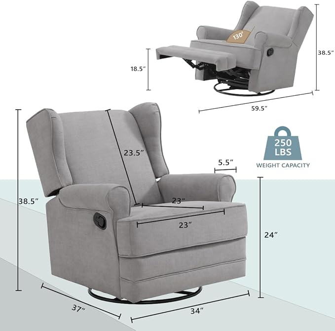 Oxford Baby Teegan Upholstered Swivel Glider & Recliner Nursery Chair, Gray