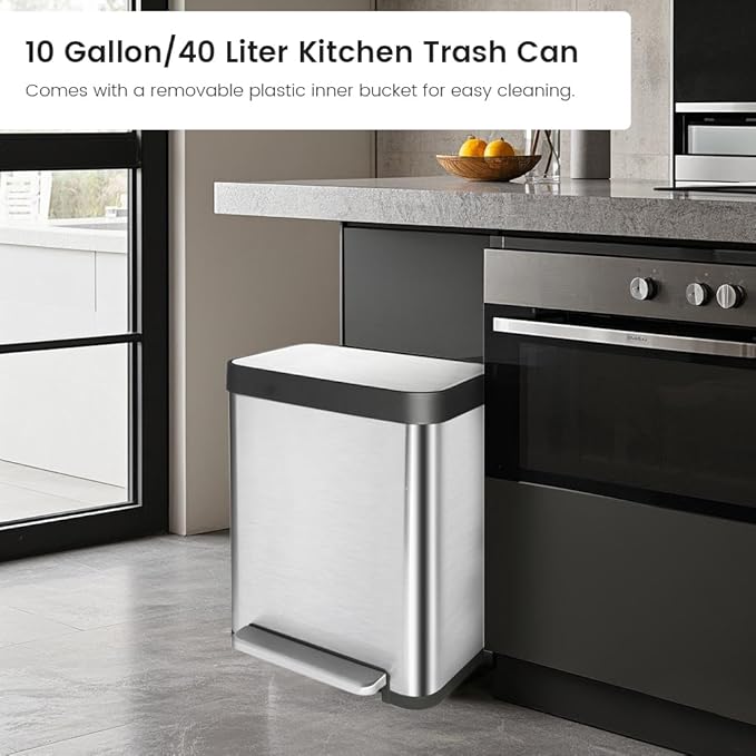 10 Gallon Stainless Steel Trash Can with Removable Inner Bucket, Soft Close Lid, and Hands-Free Foot Pedal - Modern Kitchen Waste Bin