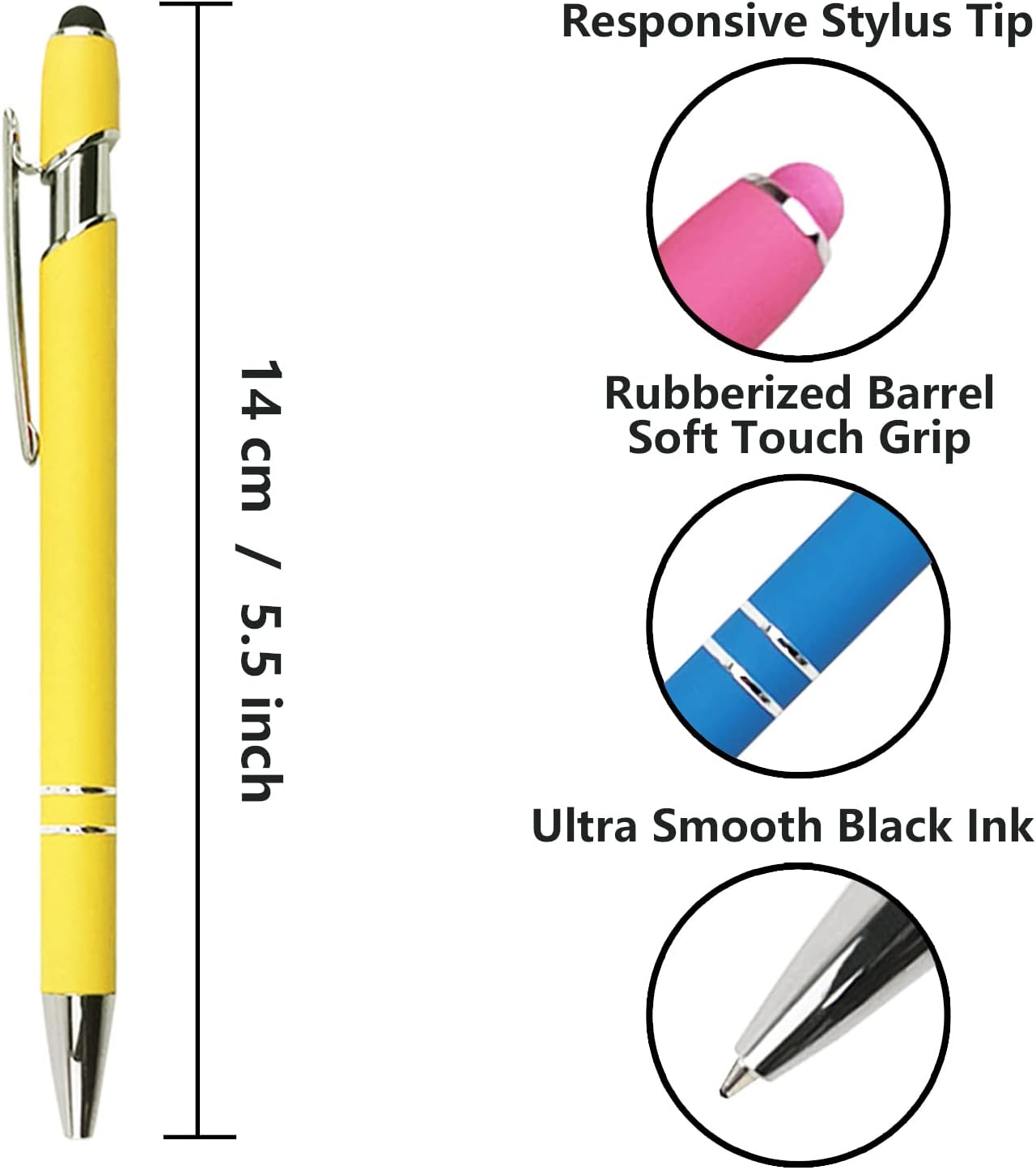 Ballpoint Pen with Stylus Tip, Soft Touch Click Metal Pen, 1.0mm Medium Point, Black Ink, 12 Count(Yellow)