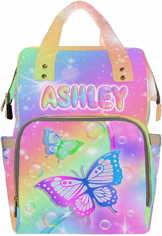 Custom Diaper Bag with Name Birthday Gift Nappy Backpack Personalized Back Pack Customize Name Backpack For Outdoor Shopping Personalized Baby Bag, Rainbow Butterflies