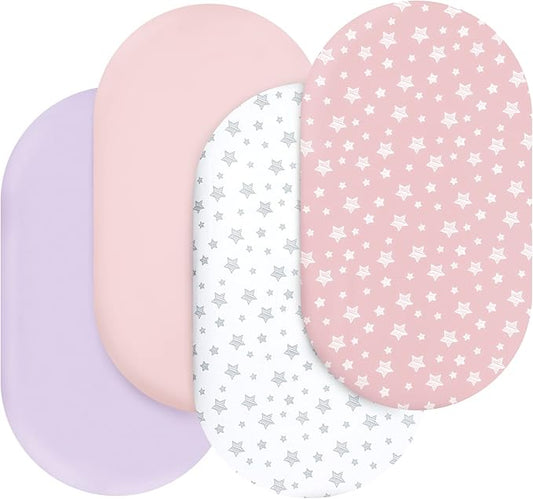 Bassinet Sheets Set 4 Pack for Baby Girl, Universal Fit for Oval, Hourglass and Rectangular Mattress, Pink