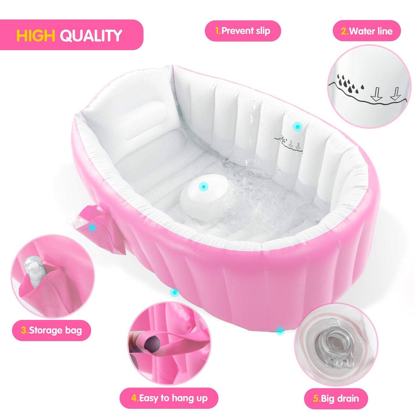 Inflatable Baby Bathtub, Portable Infant Toddler Bathing Tub Non Slip Travel Bathtub Mini Air Swimming Pool Kids Thick Foldable Shower Basin with Air Pump, Pink
