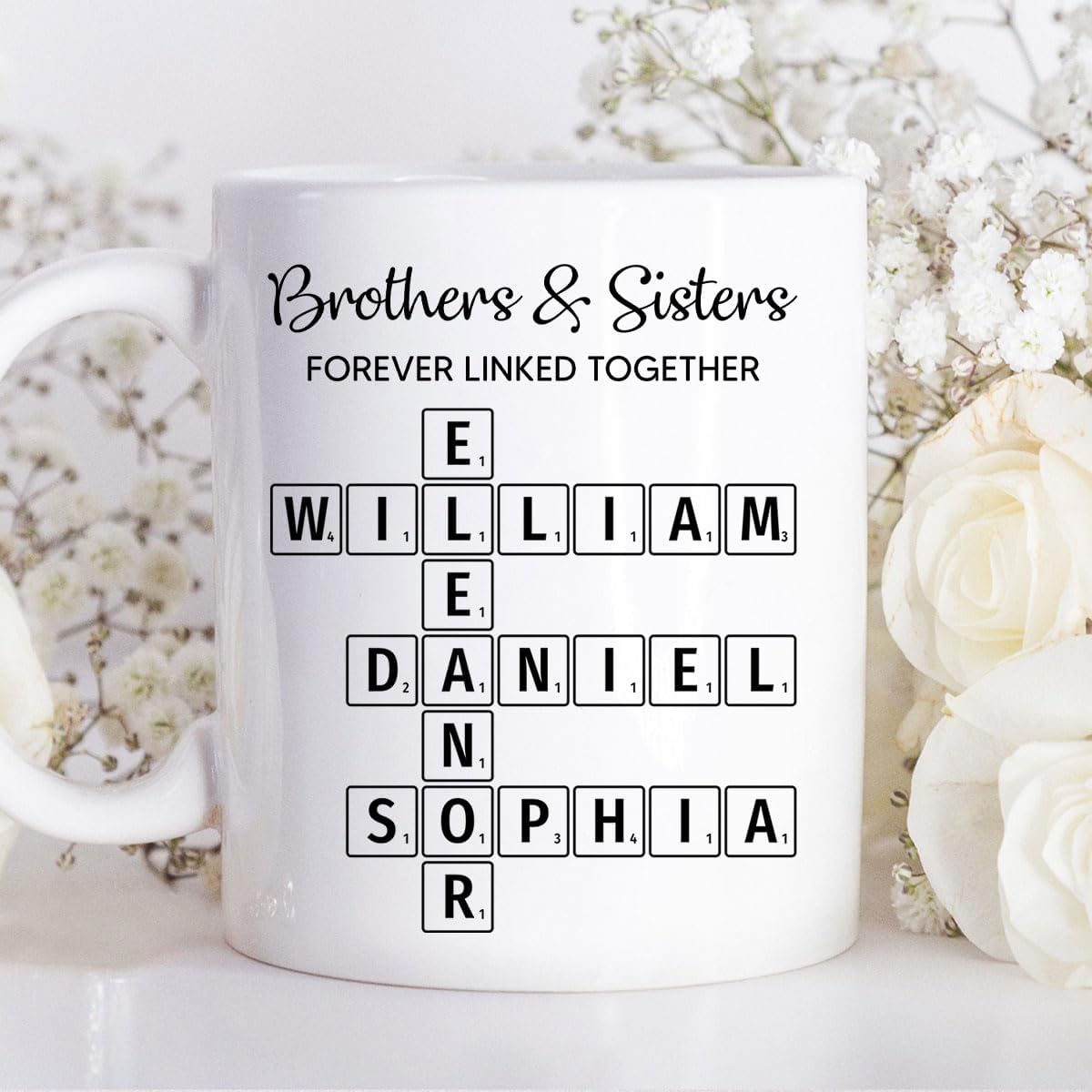 Family Forever Linked Together Custom Names Ceramic Mug, Crossword Puzzle Art, for Birthday, Anniversary or Special Occasions (Brothers & Sisters Forever Linked Together White Mug Ver 1)