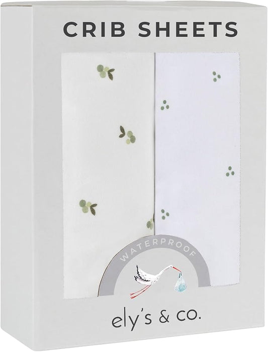 Ely's & Co. Patent Pending Waterproof Crib Sheets, 100% Cotton with Waterproof Lining - Built in Crib Mattress Protector, 2 Pack Fitted Toddler Sheet Set, Berry and Cluster Dot (Sage) 28” x 52”