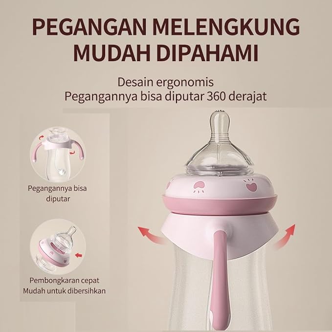 Baby Bottles, Weighted Straw Toddler Milk Bottles with Non-Slip Handle, Size + Variable Fast Flow, 12+ Months, BPA-Free, Pink/1Pack/9oz