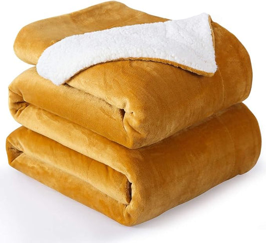 NANPIPER Bed Blanket Reversible Sherpa Flannel Throw Blanket Super Soft Fuzzy Plush Fleece Microfiber (90"x90" Ginger Yellow) Queen