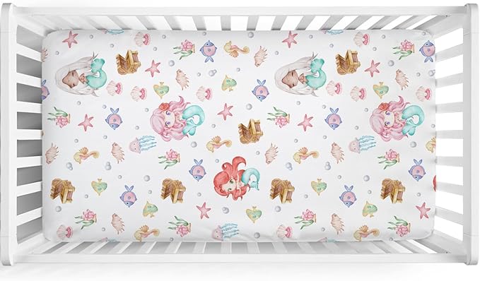 Watercolor Mermaids Baby Crib Sheets 52''x28'' Ocean Animals Fish Sea Horse Jellyfish Conch Coral Stretchy Fitted Crib Mattress Cover for Boy Girl Soft Bed Sheets for Standard Crib Toddler Mattress