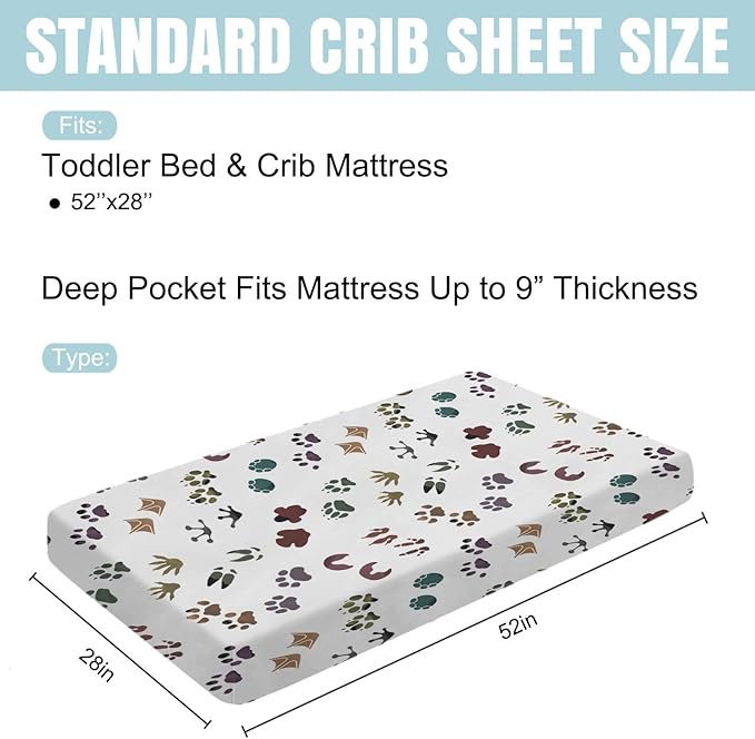 Cute Animals Tracks Baby Crib Sheets 52''x28'' Animals Footprint Snug Fitted Crib Mattress Cover for Boy Girl Wild Animals Soft Baby Bed Sheets for Standard Crib and Toddler Mattresses