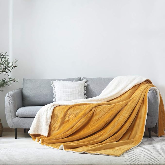 NANPIPER Bed Blanket Reversible Sherpa Flannel Throw Blanket Super Soft Fuzzy Plush Fleece Microfiber (90"x90" Ginger Yellow) Queen