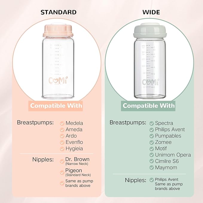 COMI Natural Glass Baby Bottle,Standard Neck Breastmilk Storage Bottle for Fridge,Breast Milk Container,Breast Pump Bottle Compatible with Medela Breast Pump,BPA Free,4PCS (5oz,4 Gray Lids)